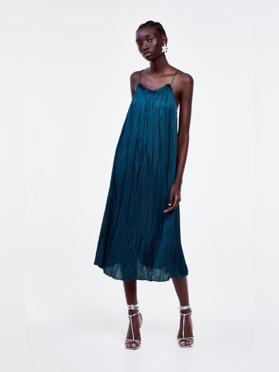 Zara Dresses & Skirts - Zara Satin Effect Pleated Midi Dress Teal small